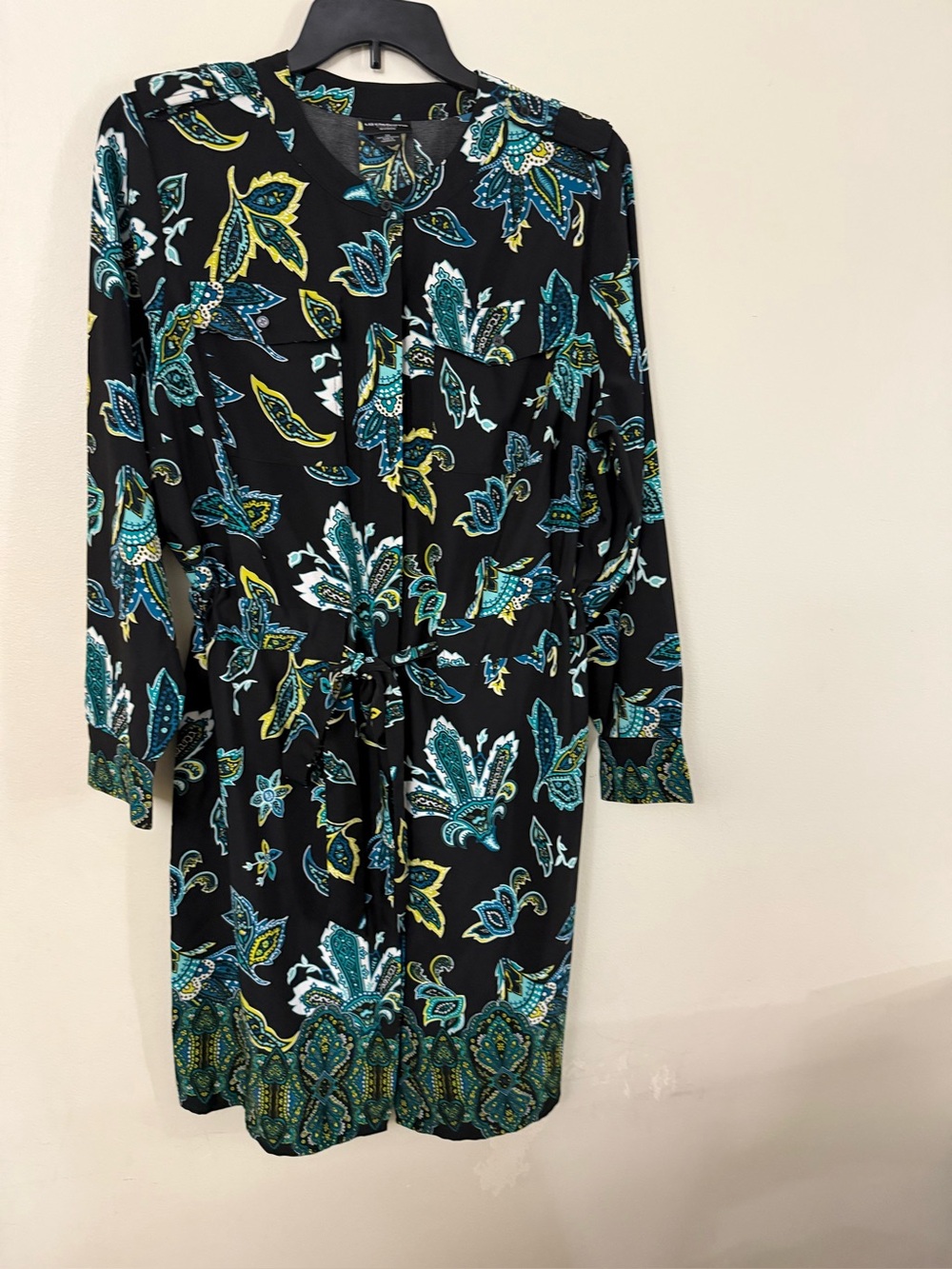 Liz Claiborne Black Teal & Yellow Paisley Drawstring Shirt Dress